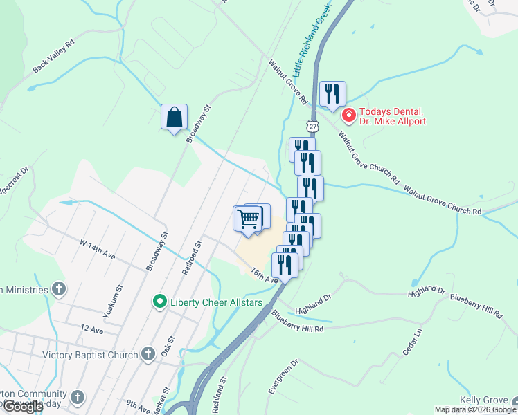 map of restaurants, bars, coffee shops, grocery stores, and more near 3165 Market St in Dayton