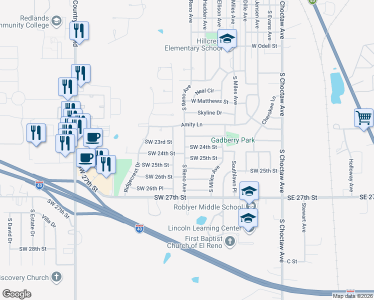 map of restaurants, bars, coffee shops, grocery stores, and more near 1708 South Reno Avenue in El Reno