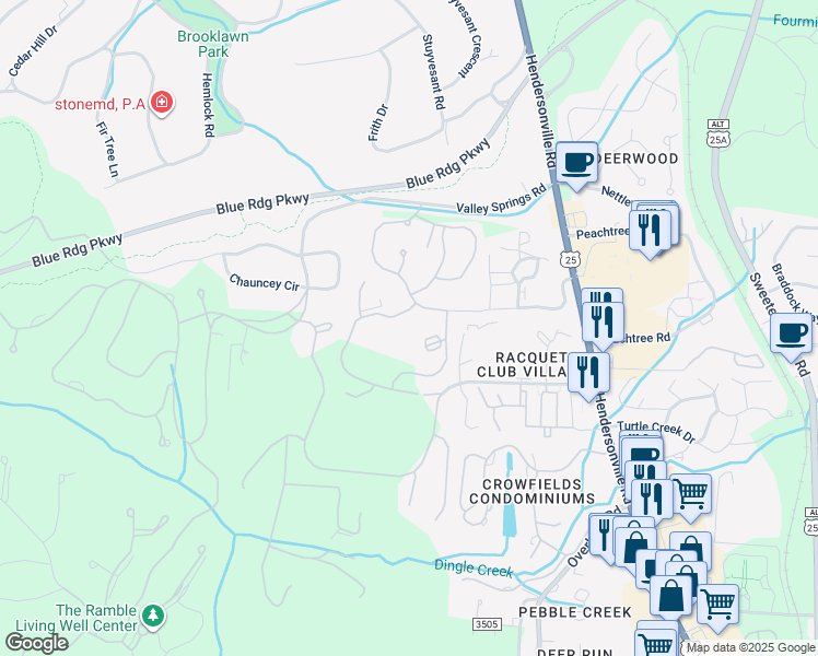 map of restaurants, bars, coffee shops, grocery stores, and more near 1 Wakefield Drive in Asheville