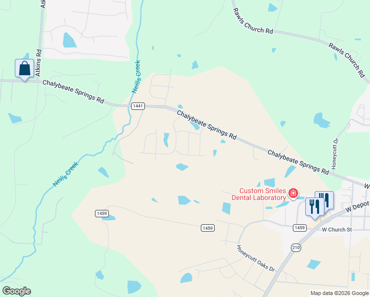 map of restaurants, bars, coffee shops, grocery stores, and more near 1133 Chalybeate Springs Road in Angier