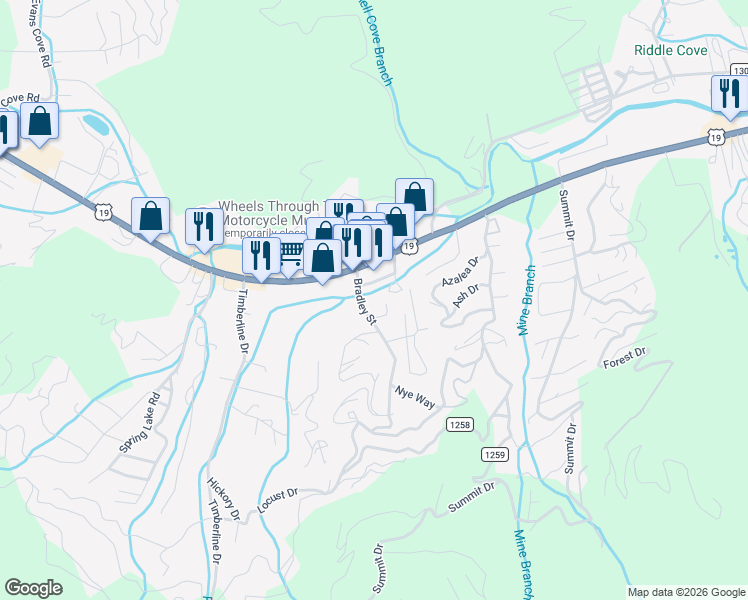 map of restaurants, bars, coffee shops, grocery stores, and more near 75 Bradley Street in Maggie Valley