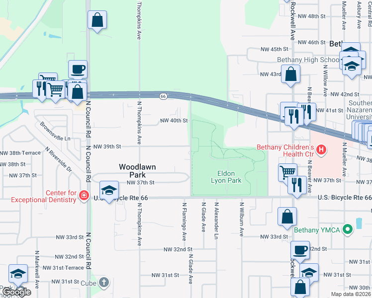map of restaurants, bars, coffee shops, grocery stores, and more near 3915 North Glade Avenue in Bethany
