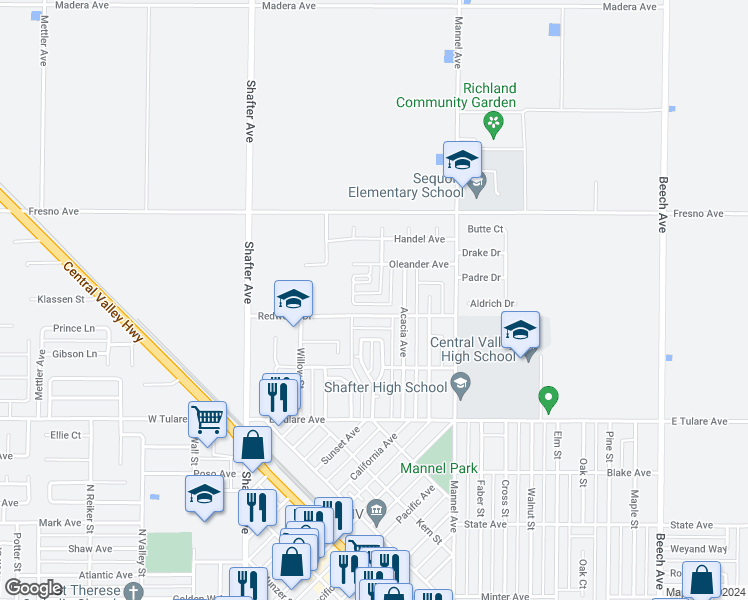 map of restaurants, bars, coffee shops, grocery stores, and more near 335 Bree Drive in Shafter