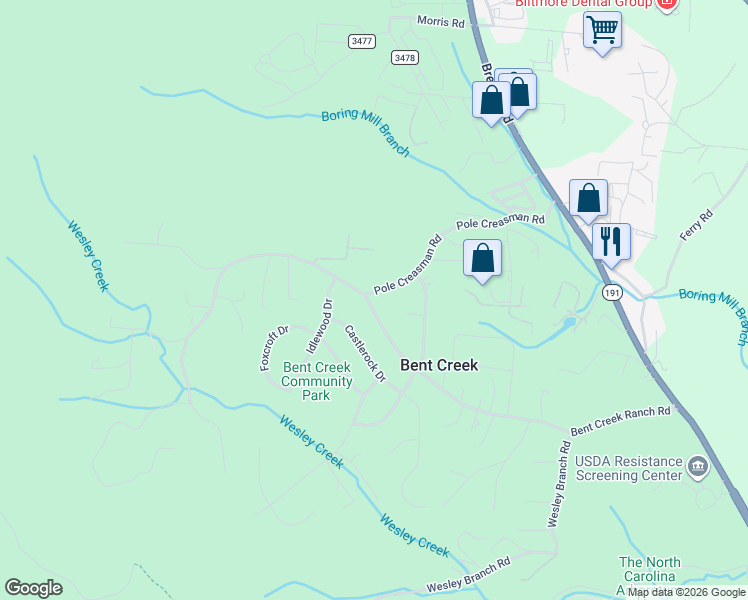 map of restaurants, bars, coffee shops, grocery stores, and more near 102 Bent Creek Ranch Road in Asheville