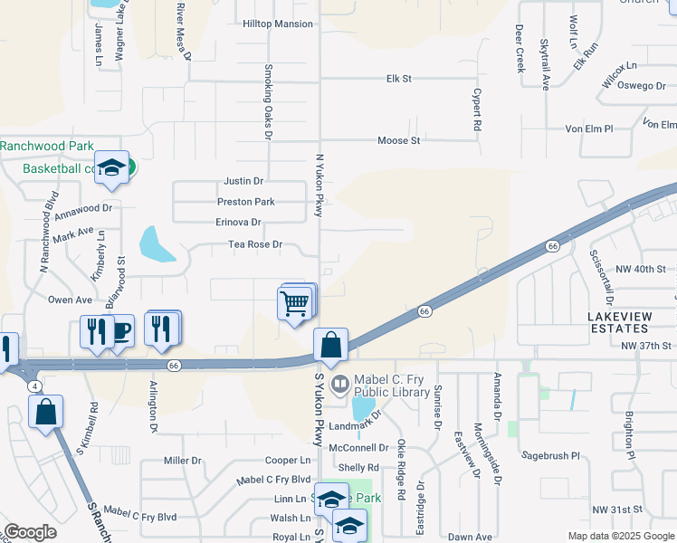 map of restaurants, bars, coffee shops, grocery stores, and more near 4100 North Mustang Road in Yukon