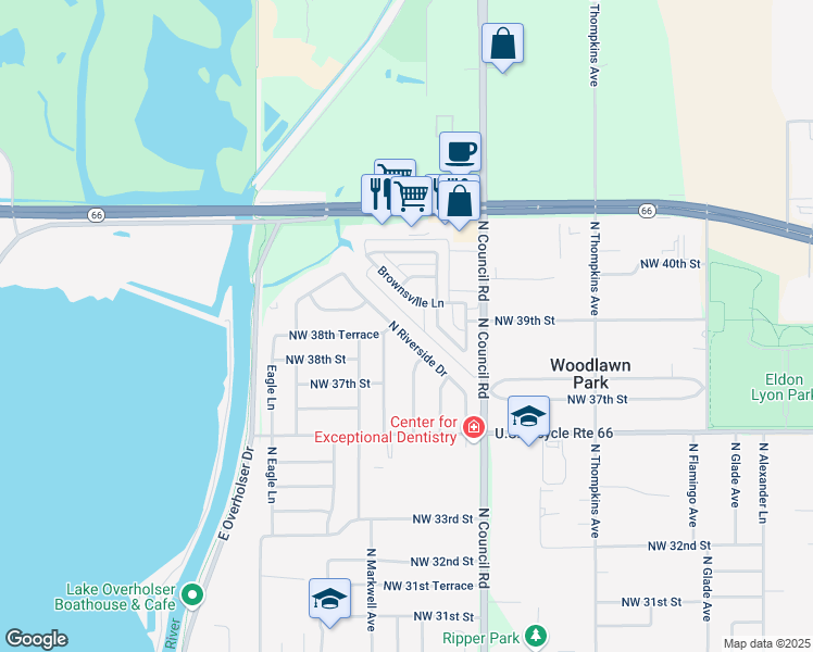 map of restaurants, bars, coffee shops, grocery stores, and more near 3840 North Riverside Drive in Bethany