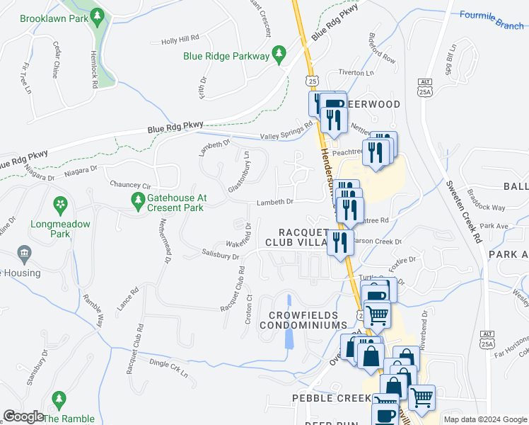 map of restaurants, bars, coffee shops, grocery stores, and more near 12 Wakefield Drive in Asheville