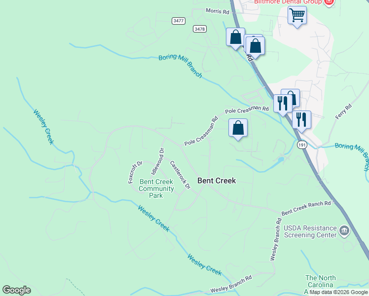 map of restaurants, bars, coffee shops, grocery stores, and more near 102 Bent Creek Ranch Road in Asheville