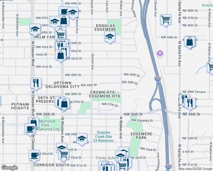 map of restaurants, bars, coffee shops, grocery stores, and more near 539 Northwest 38th Street in Oklahoma City