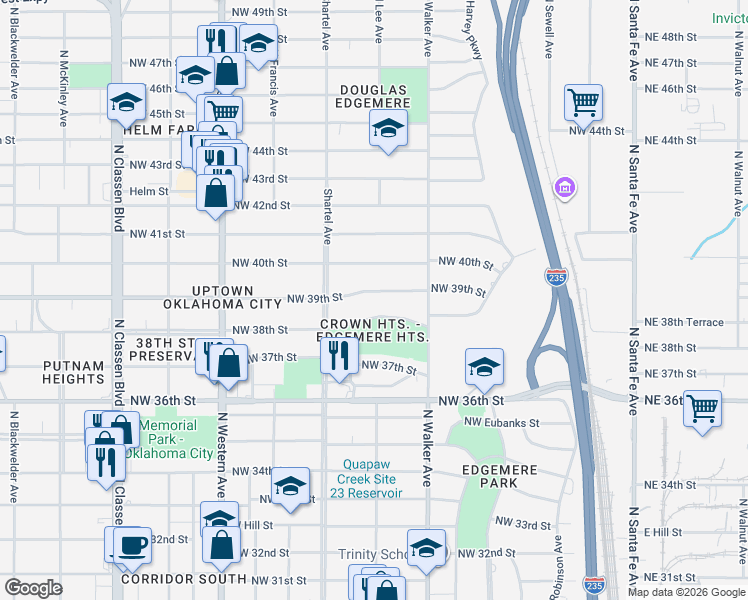 map of restaurants, bars, coffee shops, grocery stores, and more near 621 Northwest 38th Street in Oklahoma City