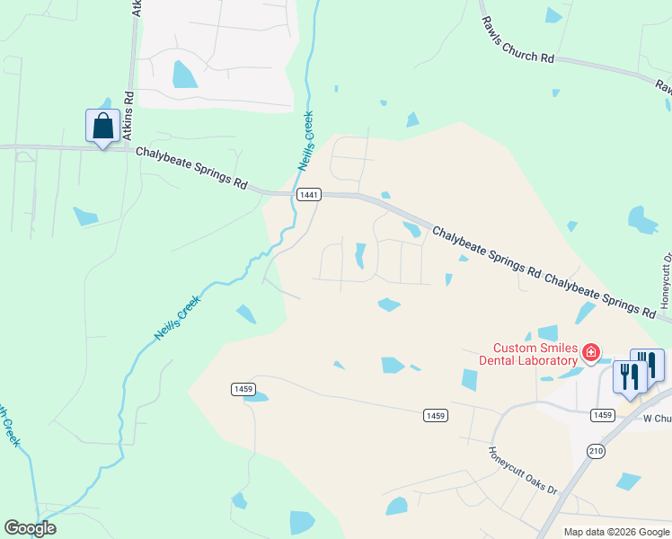 map of restaurants, bars, coffee shops, grocery stores, and more near 14 Baird Cove Lane in Angier