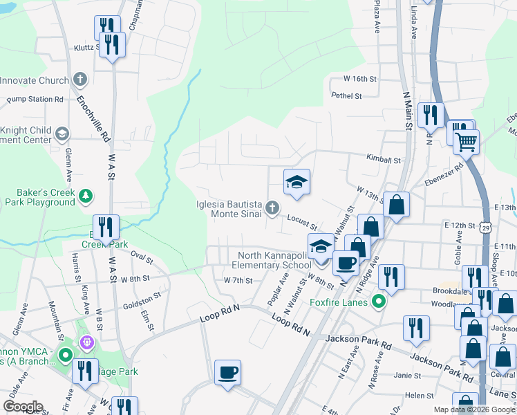 map of restaurants, bars, coffee shops, grocery stores, and more near 509 Locust Street in Kannapolis