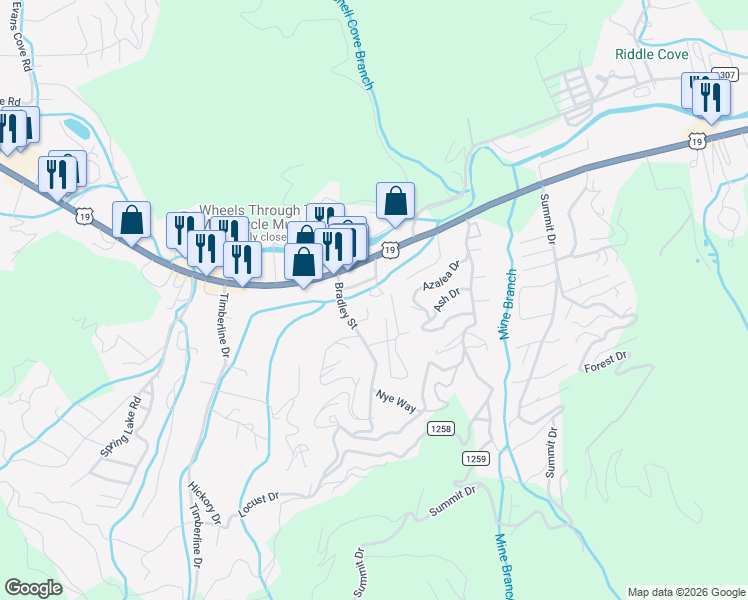 map of restaurants, bars, coffee shops, grocery stores, and more near 75 Bradley Street in Maggie Valley