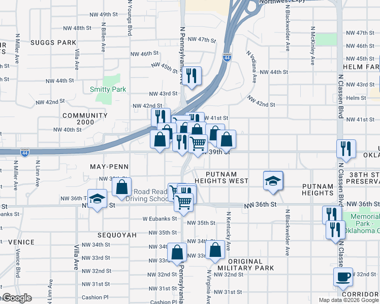 map of restaurants, bars, coffee shops, grocery stores, and more near N Pennsylvania Ave & NW 39th St in Oklahoma City