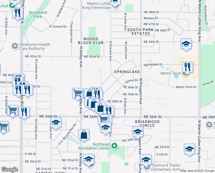 map of restaurants, bars, coffee shops, grocery stores, and more near 3901 Springlake Drive in Oklahoma City