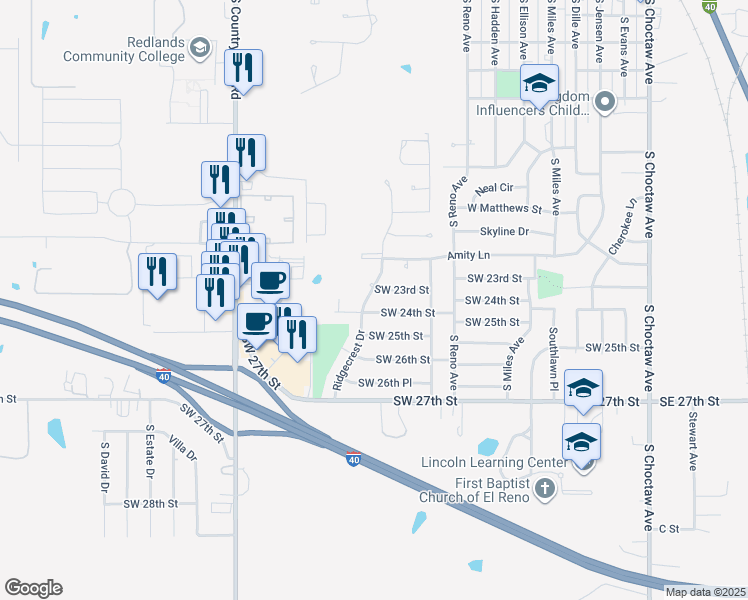 map of restaurants, bars, coffee shops, grocery stores, and more near 814 Southwest 24th Street in El Reno