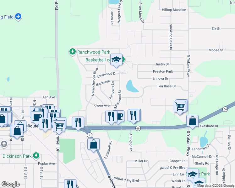 map of restaurants, bars, coffee shops, grocery stores, and more near 211 Briarwood Street in Yukon