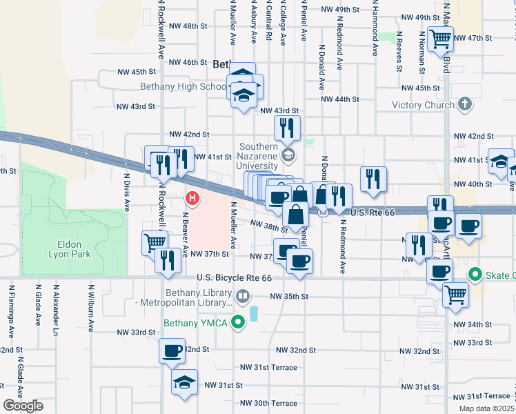map of restaurants, bars, coffee shops, grocery stores, and more near 6713 NW 38th St in Bethany