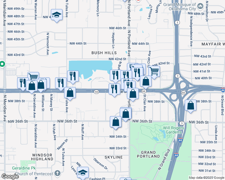 map of restaurants, bars, coffee shops, grocery stores, and more near 3631 Northwest 39th Street in Oklahoma City