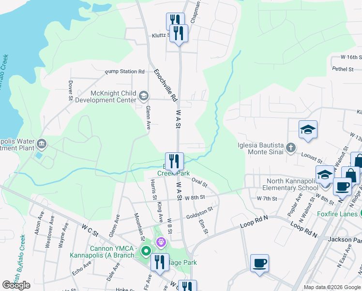 map of restaurants, bars, coffee shops, grocery stores, and more near 1202 West A Street in Kannapolis