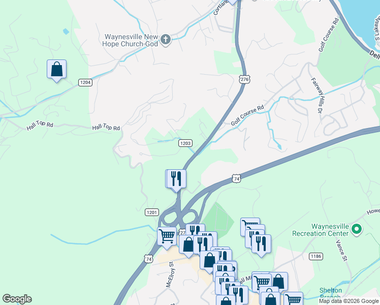 map of restaurants, bars, coffee shops, grocery stores, and more near 1327 Russ Avenue in Waynesville
