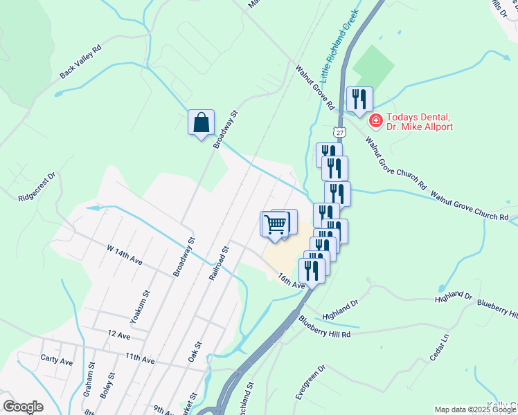 map of restaurants, bars, coffee shops, grocery stores, and more near 1013 Oak Street in Dayton