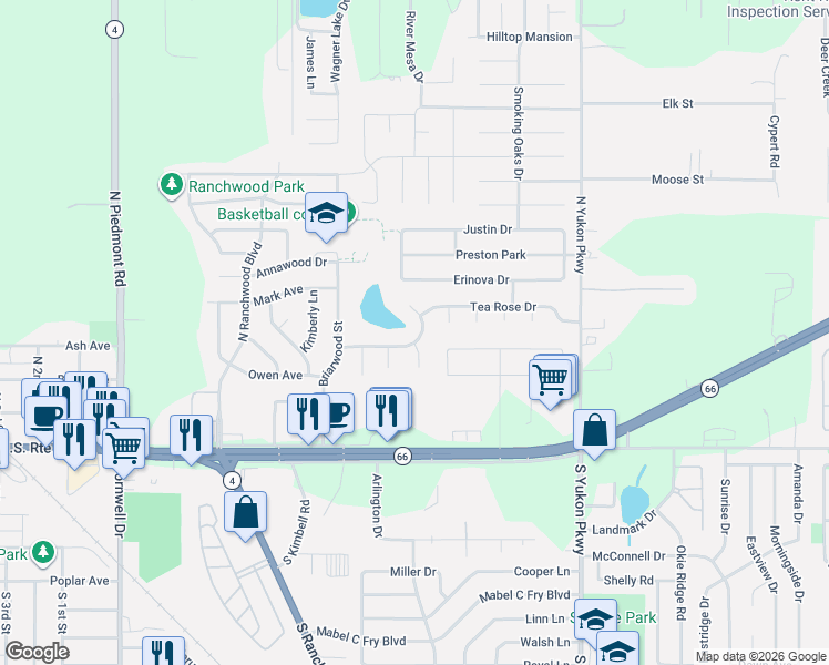 map of restaurants, bars, coffee shops, grocery stores, and more near 4016 Monticello Court in Yukon