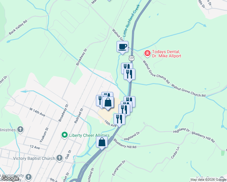 map of restaurants, bars, coffee shops, grocery stores, and more near 3202 Market Street in Dayton
