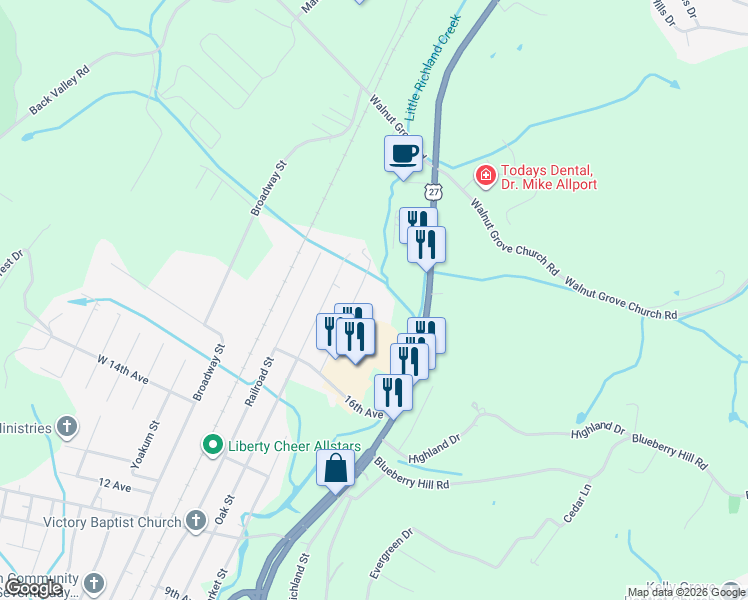 map of restaurants, bars, coffee shops, grocery stores, and more near 3202 Market Street in Dayton