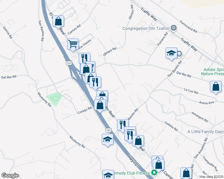 map of restaurants, bars, coffee shops, grocery stores, and more near 2405 El Camino Real in Atascadero