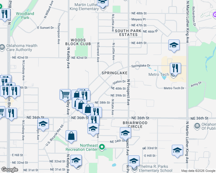 map of restaurants, bars, coffee shops, grocery stores, and more near 1300 Northeast 40th Street in Oklahoma City