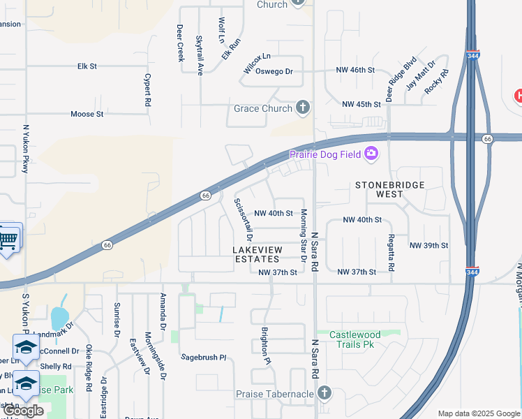 map of restaurants, bars, coffee shops, grocery stores, and more near 10708 Northwest 40th Street in Yukon