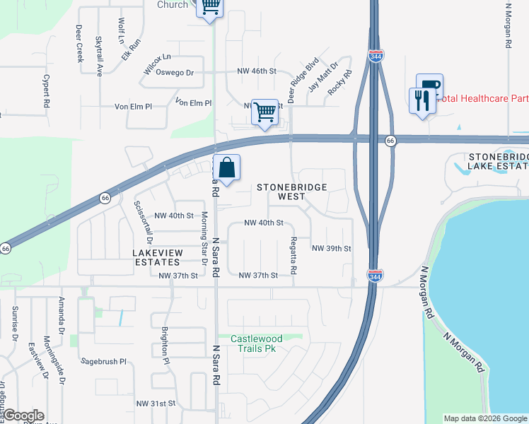 map of restaurants, bars, coffee shops, grocery stores, and more near 10500 Northwest 40th Street in Yukon