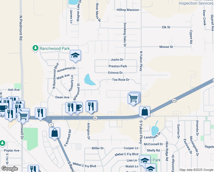 map of restaurants, bars, coffee shops, grocery stores, and more near 4100 Champlain Court in Yukon