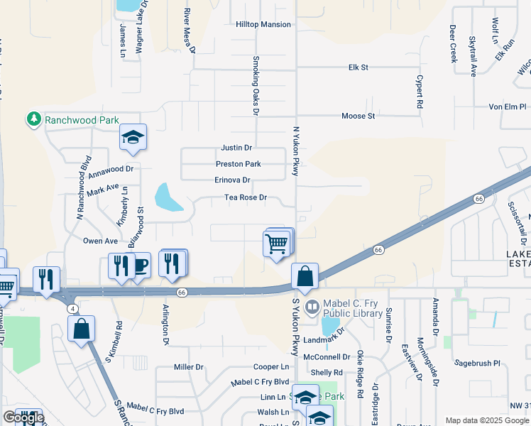 map of restaurants, bars, coffee shops, grocery stores, and more near 4100 Evening Star Court in Yukon
