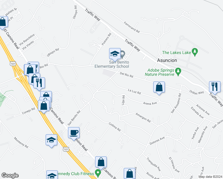 map of restaurants, bars, coffee shops, grocery stores, and more near 3175 Arena Avenue in Atascadero