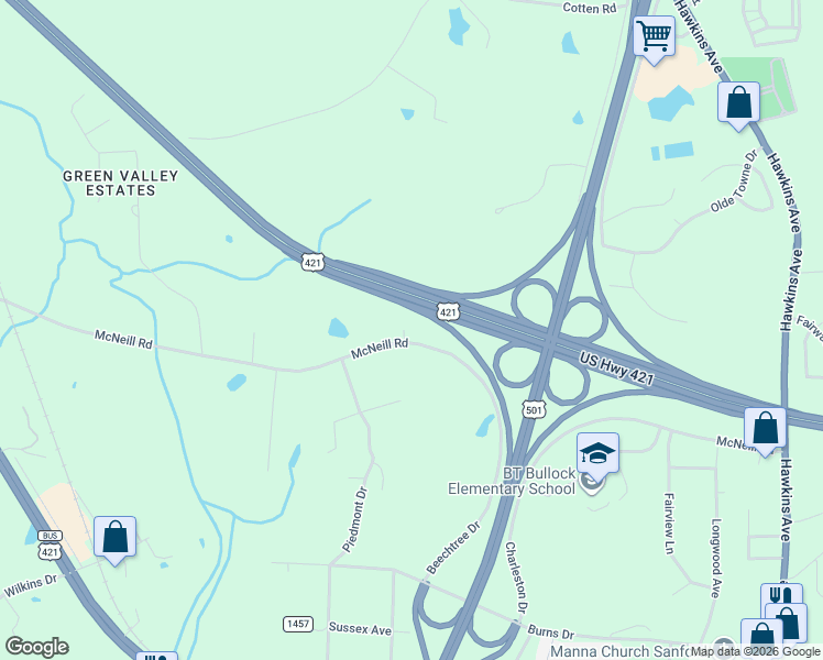 map of restaurants, bars, coffee shops, grocery stores, and more near 1004 McNeill Road in Sanford
