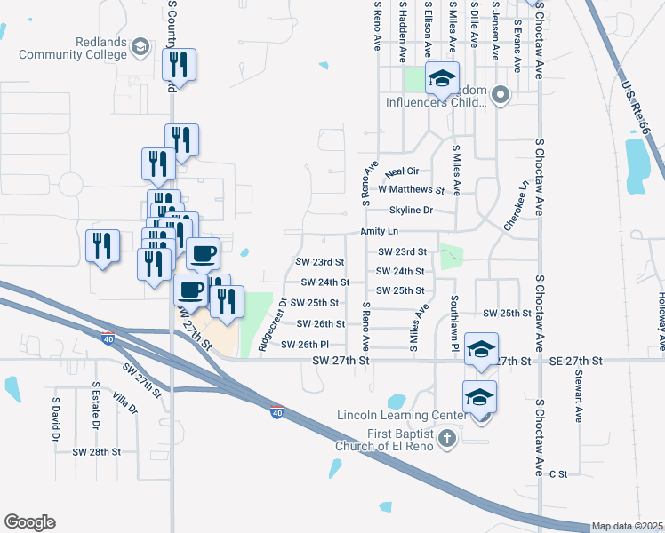 map of restaurants, bars, coffee shops, grocery stores, and more near 803 Southwest 23rd Street in El Reno