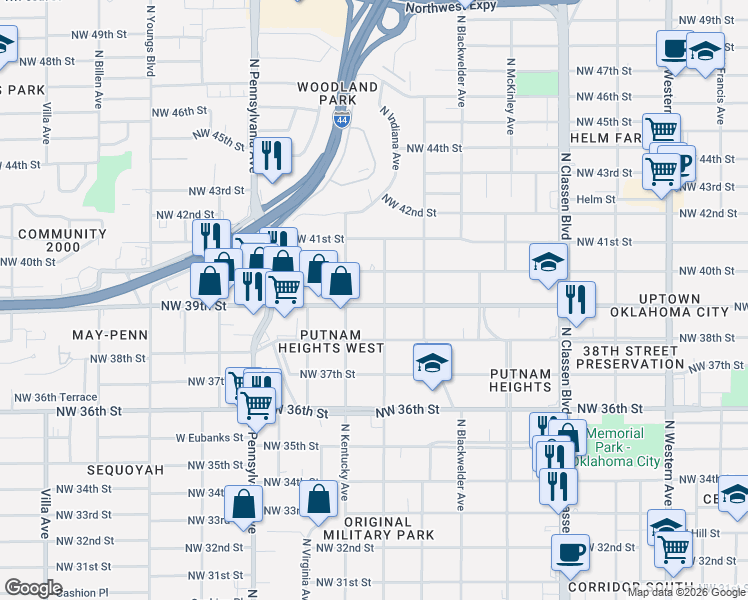 map of restaurants, bars, coffee shops, grocery stores, and more near 3914 North Indiana Avenue in Oklahoma City