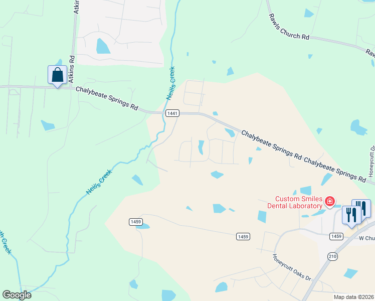 map of restaurants, bars, coffee shops, grocery stores, and more near 14 Baird Cove Lane in Angier