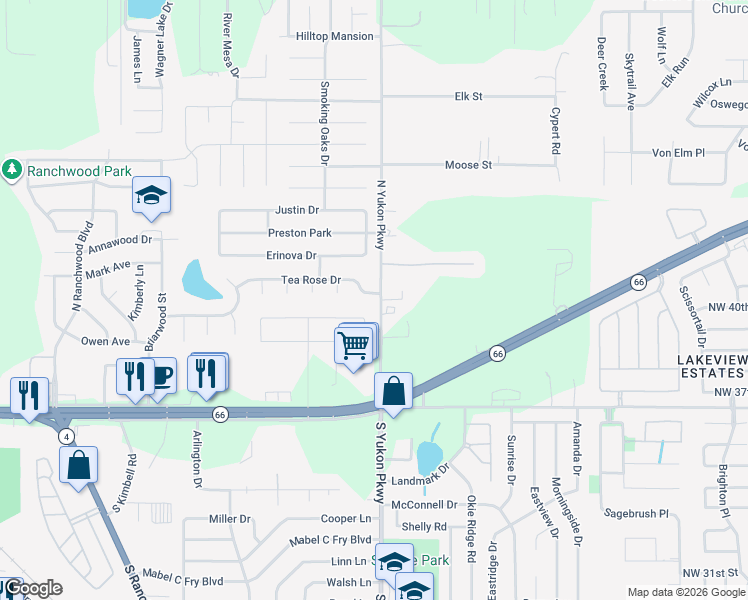 map of restaurants, bars, coffee shops, grocery stores, and more near 1020 Tea Rose Drive in Yukon