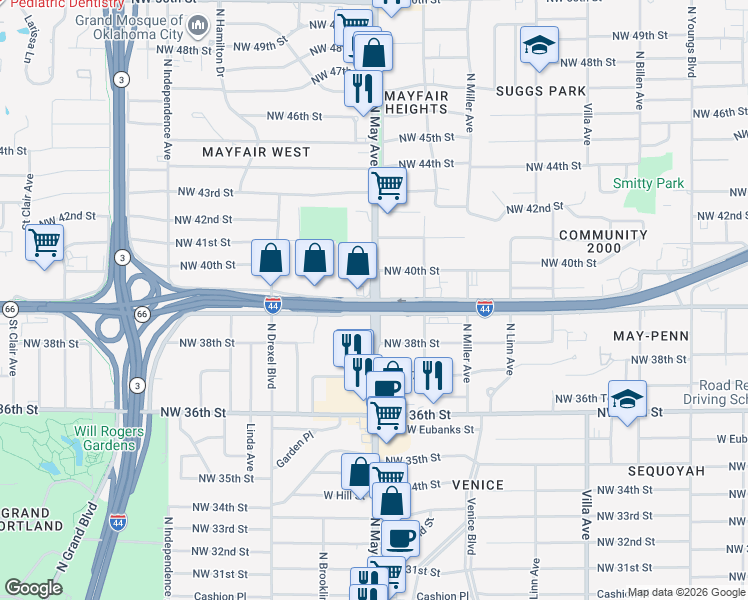 map of restaurants, bars, coffee shops, grocery stores, and more near North May Avenue & Northwest 39th Street in Oklahoma City