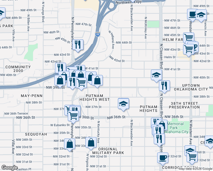 map of restaurants, bars, coffee shops, grocery stores, and more near 3914 North Indiana Avenue in Oklahoma City