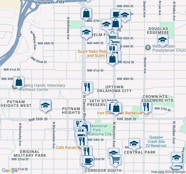 map of restaurants, bars, coffee shops, grocery stores, and more near 1215 Northwest 39th Street in Oklahoma City