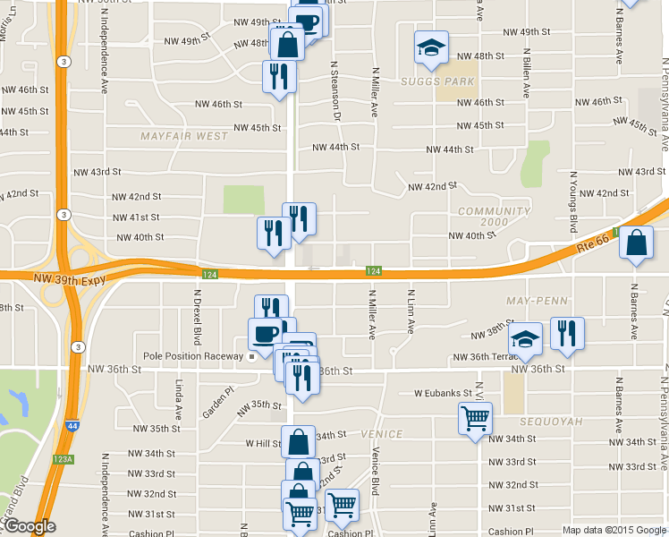 map of restaurants, bars, coffee shops, grocery stores, and more near 2801 NW 39th St in Oklahoma City