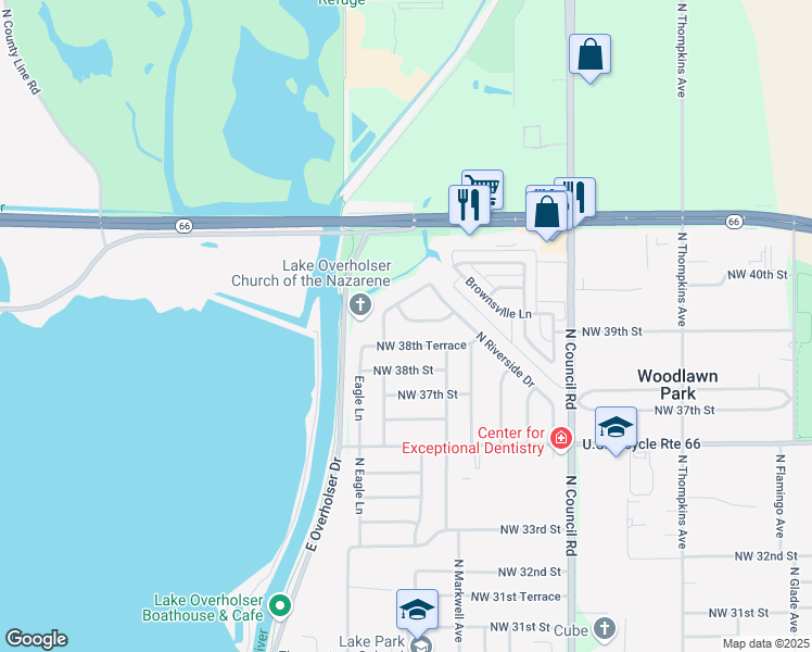 map of restaurants, bars, coffee shops, grocery stores, and more near 8308 Northwest 39th Street in Bethany