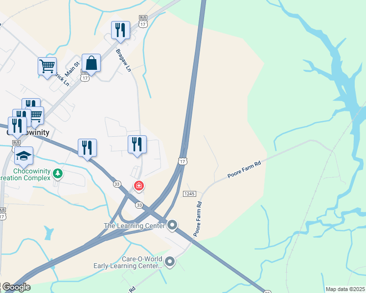 map of restaurants, bars, coffee shops, grocery stores, and more near U.S. 17 in Chocowinity