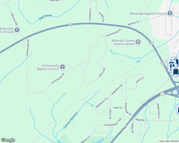 map of restaurants, bars, coffee shops, grocery stores, and more near 270 Hill Loop in Madisonville