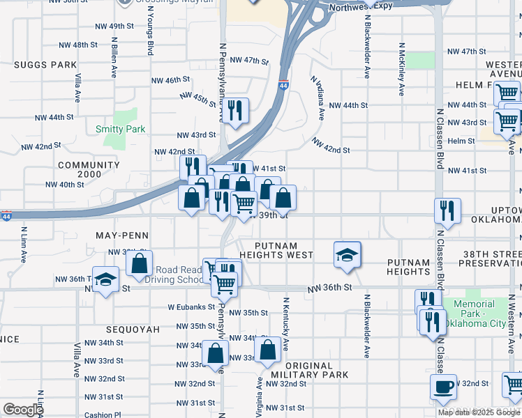map of restaurants, bars, coffee shops, grocery stores, and more near 1940 Northwest 39th Street in Oklahoma City