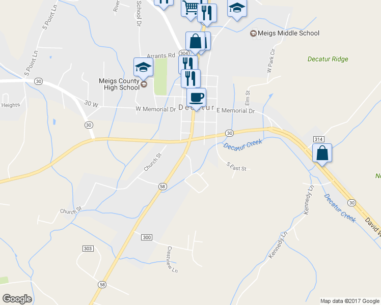 map of restaurants, bars, coffee shops, grocery stores, and more near 16740 Highway 58 in Decatur